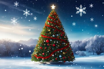 Obraz premium Amazing Christmas Tree in Stunning Winter Scene with Soft Snowflakes and Twinkling Stars
