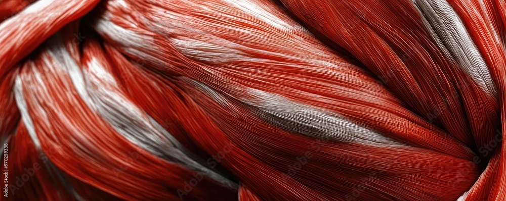 Poster Close-up view of intricate red and white fibers resembling muscle structure, showcasing texture and color variations.