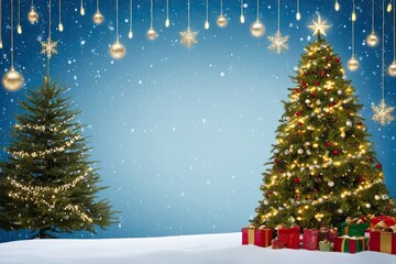 Obraz premium Glorious Winter Holiday Background with Snow, Christmas Tree, and Twinkling Lights