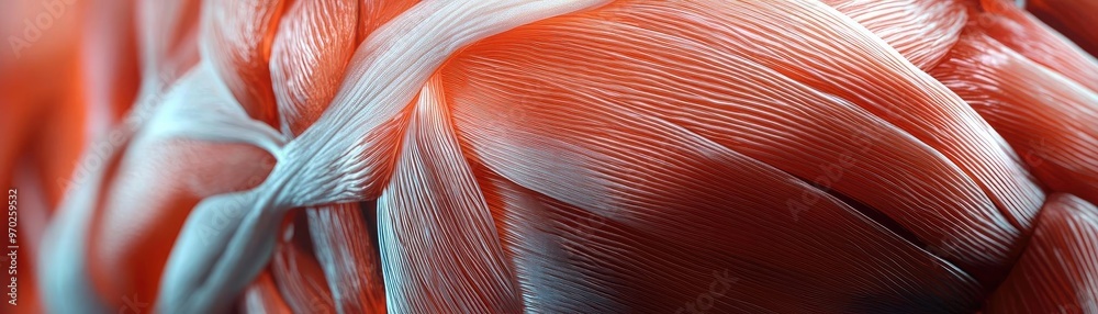 Poster close-up view of muscle fibers showcasing intricate details and textures in vibrant colors, highligh