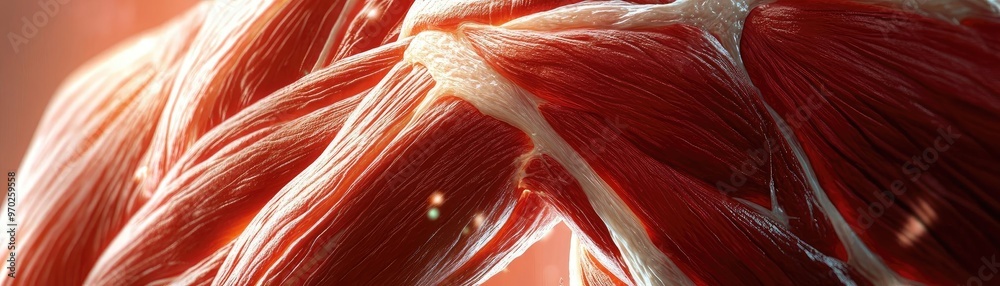 Poster detailed close-up of human muscle tissue showcasing the intricate fibers and textures, highlighting 