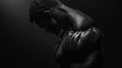 Fototapeta premium A striking black and white portrait of a muscular man showcasing strength and dedication in a dramatic light.