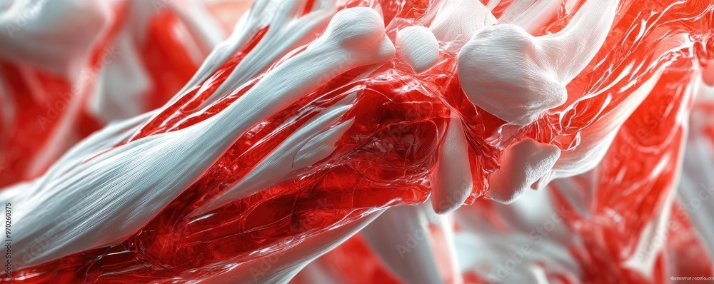 Poster Abstract view of flowing red and white liquid, creating a dynamic and vibrant pattern, perfect for artistic and scientific themes.
