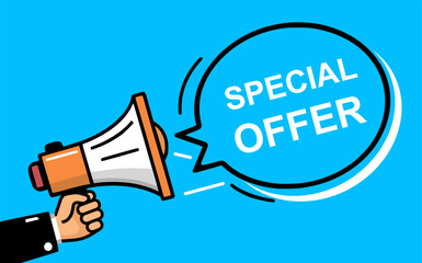special offer shoutout. megaphone announcement on blue background for special offer sale. 