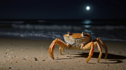 Crab on Beach Under Moonlight