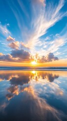 Obraz premium Sunset over ocean with dramatic clouds reflecting on water, tranquil seascape. Nature and serenity concept