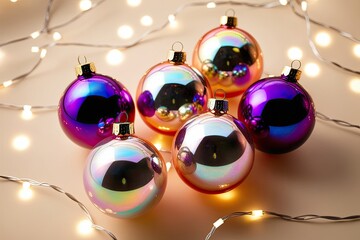 Iridescent Glass Baubles on a Creamsicle Background with Bokeh Lights for a Vibrant Holiday Adornment