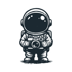 Cute astronaut hold a camera . Black white vector. Icon and logo illustration.