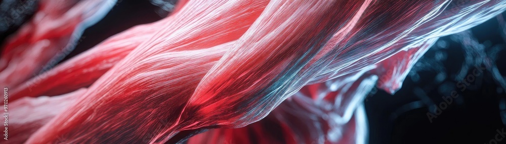 Poster A close-up view of intricate muscle fibers showcasing red and white tones, emphasizing texture and structure in a dynamic composition.
