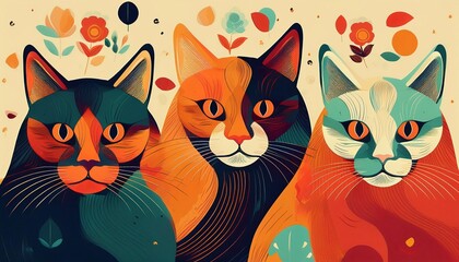 retro vintage cats background minimalist illustration