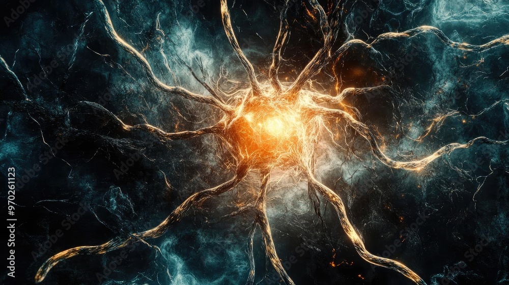 Poster A captivating abstract representation of a neuron, showcasing intricate details and vibrant colors emanating energy.