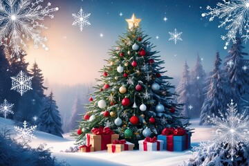 Obraz premium Whimsical Winter Landscape with a Festively Adorned Christmas Tree Amidst Snowflakes and Twinkling Stars