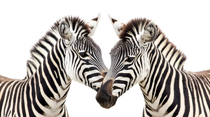 Fototapeta premium Affectionate zebras nuzzling against each other, their bold stripes creating contrast on a simple white background.