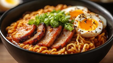 Close-up of Ramen Noodles with Pork, Egg, and Green Onions