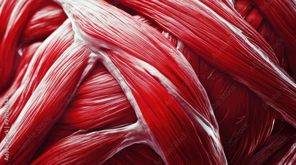 Poster close-up view of intricate red fibers, showcasing texture and detail, ideal for backgrounds in healt