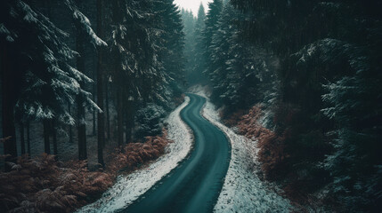 Obraz premium A long, straight road cuts through a vast forest, where snow-covered trees stretch endlessly, forming a tranquil winter scene from above.