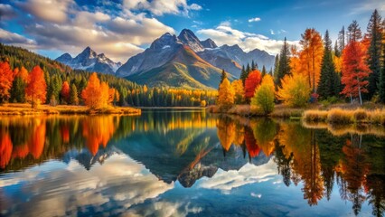 Fototapeta premium The serene mountain lake mirrors the vibrant hues of autumn foliage, its tranquil surface adorned with ripples from