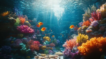 Underwater Scene with Colorful Coral Reef and Orange Fish