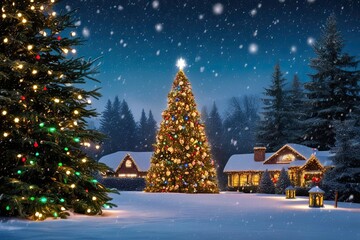 Obraz premium Enchanting Christmas Landscape with Soft Snowfall Lush Evergreen Trees and Vibrant Holiday Lights