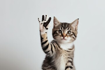 Obraz premium Adorable Kitten Giving High Five on Bright White Background