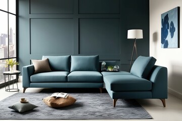 Cozy Slate Blue Couch and Chaise Lounge in Stylish Contemporary Interior Design