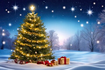 Obraz premium Enchanting Winter Wonderland with Illuminated Christmas Tree Snowy Scene and Sparkling Stars for a Serene Holiday Experience