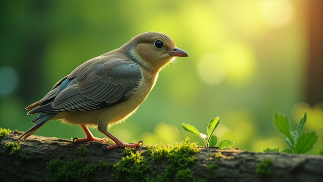 A small bird is perched on a branch in a lush green forest