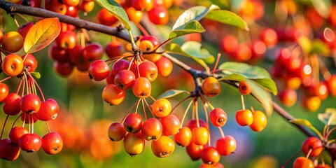 Fototapeta premium Tiny orange and red berries entwine themselves around the lush green branches of the Siberian crabapple tree, bathing