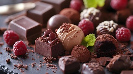 A beautifully arranged chocolate dessert, featuring a variety of chocolate truffles, mousse, and ganache