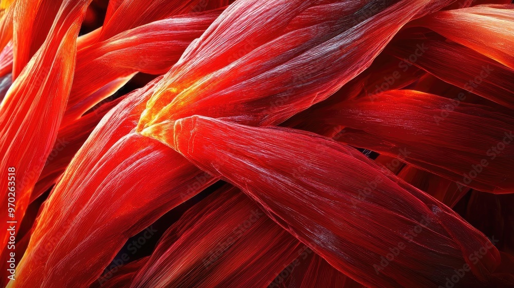 Poster vibrant red leaves create an abstract composition, showcasing intricate textures and rich color grad