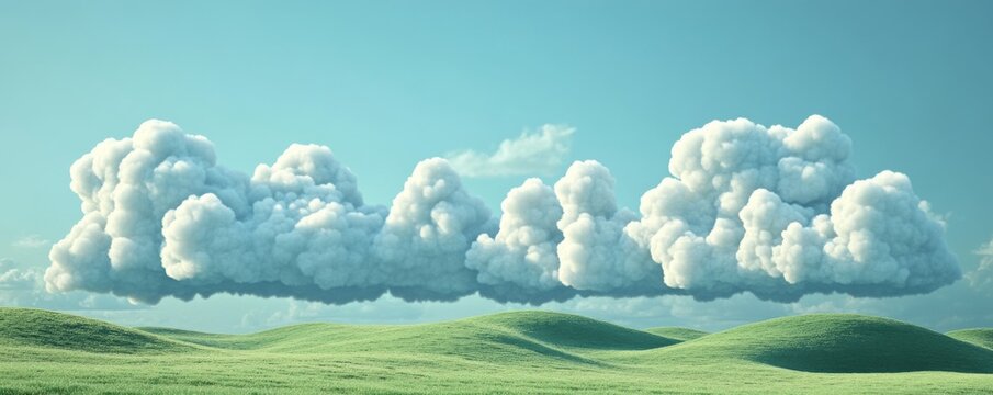 Fluffy clouds over rolling green hills, serene