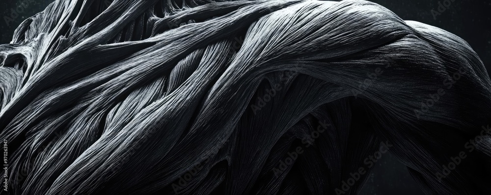 Poster An abstract composition showcasing flowing, textured strands that create a sense of depth and movement in monochrome tones.