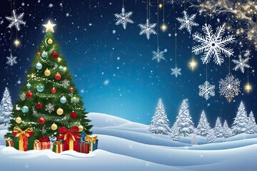 Obraz premium Enchanting Winter Scene with Decorated Christmas Tree Snowflakes and Starry Sky