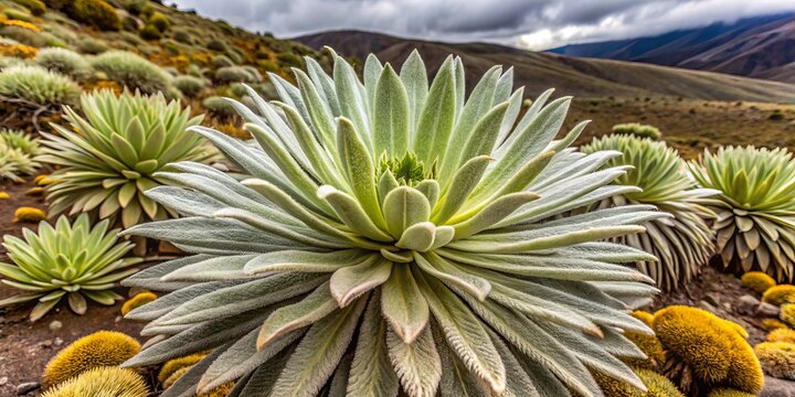 Velvety leaves and rosettes unfold on a frailejon plant in its Andean habitat, showcasing its delicate yet resilient