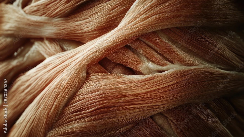 Poster close-up of intertwined fibers showcasing a soft, textured surface in natural peach tones, perfect f