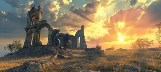 The Gothic medieval ruins on a hill, game background, Illustration