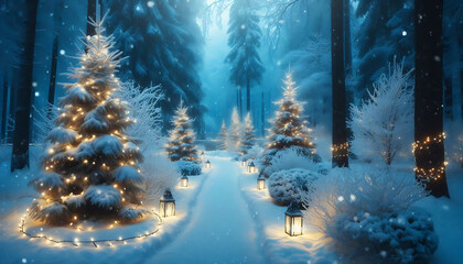 Fototapeta premium A winter scene featuring a snow covered path winding through a forest adorned with frosted evergreens