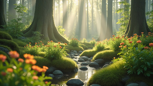 A forest with a stream running through it