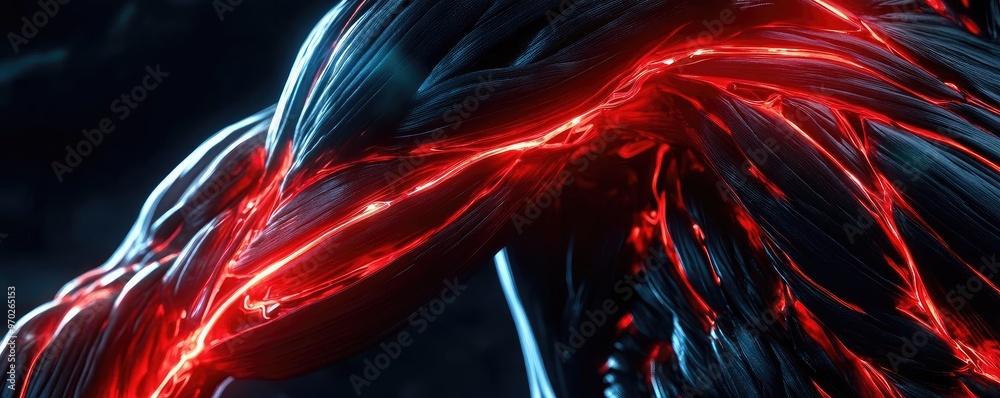 Poster An abstract representation of energy with glowing red strands intertwined, creating a striking visual contrast against a dark background.