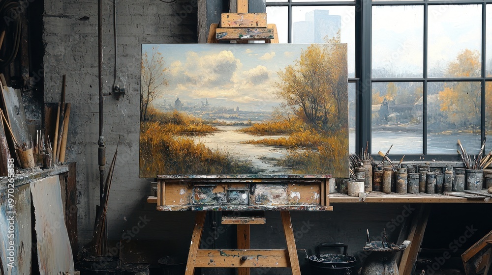 Wall mural painting of a river landscape