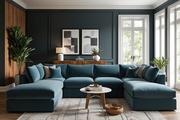 Stylish Contemporary Interior Design Featuring Cozy Slate Blue Sofa and Chaise Lounge