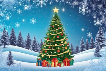 Naklejka premium Enchanted Winter Scene Featuring a Decorated Christmas Tree Surrounded by Snowflakes and Starlight
