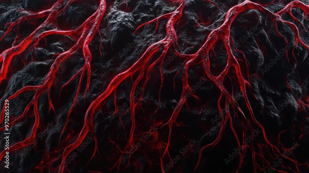 Aufkleber close-up view of intricate red roots weaving through a dark, textured surface, highlighting depth an