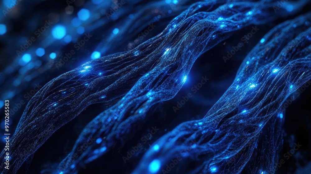 Poster Abstract representation of flowing blue lines with glowing particles, perfect for technology and digital themes.