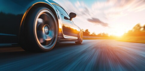 A car is driving down a road with a bright orange sun in the background. The car is a black sports car with a shiny wheel