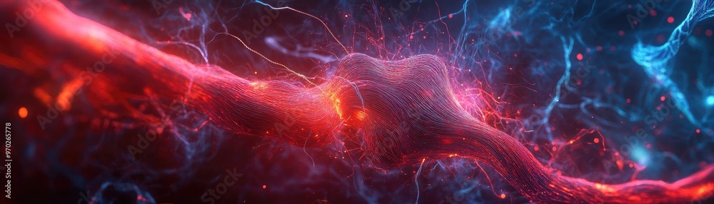 Poster vibrant cosmic nebula with swirling colors of red and blue, creating an ethereal, otherworldly atmos