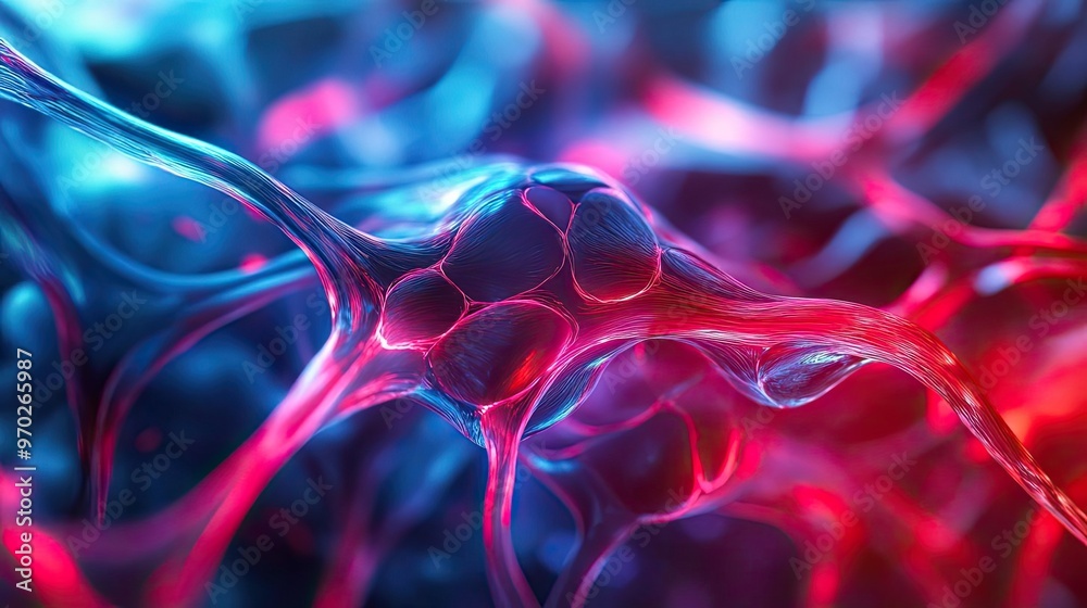 Poster abstract depiction of cells interconnected with vibrant blue and red hues, highlighting the complexi
