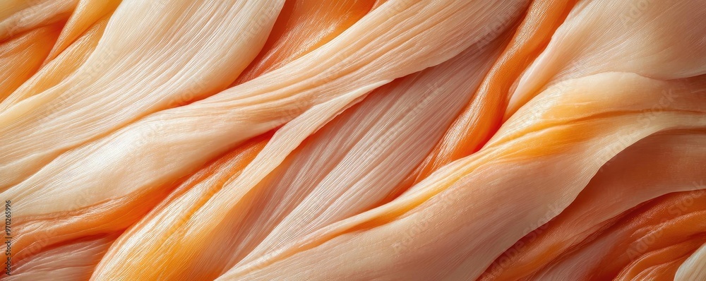 Poster close-up of delicate peach-colored fabric exhibiting soft waves and textures, perfect for background