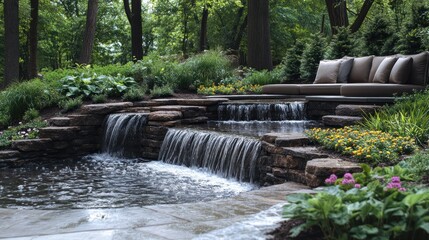 Serene garden with cascading water features and cozy seating area.