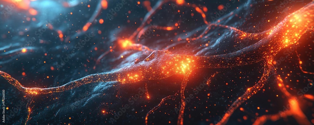 Poster Vibrant abstract representation of neural pathways illuminated by glowing particles, symbolizing connectivity and technology.